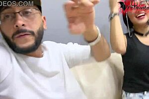 brunette latina slut licks balls and deepthroats monster cock in office