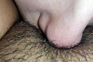 lesbian hairy pussy eating close up with licking sucking and wet clit action