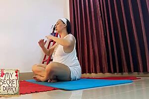 compilation of nudist barbershop with nude lady hairdresser in apron stripping client naked in bathroom