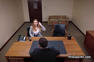 Oh man, she's moaning loud on the principal's big cock while getting fucked hard and calling home during office sex