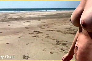 wife strips fully nude and walks around public beach showing big tits