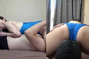 Japanese busty milf wears daughter's school swimsuit in hidden footage.