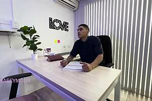 Interview starts with questions but quickly turns to spanking and assplay on the big ass of a brunette Latina teen using dildo