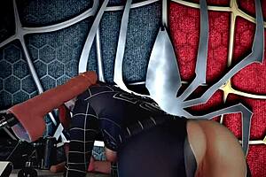 Meridjane became a spider girl and gives a passionate blowjob with deepthroat on that big dildo in homemade cosplay session with glasses and moaning.