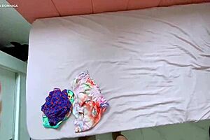 Brazilian latina prostitute hired as maid teases with short shorts in voyeur pov style.