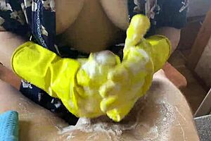 Stepmom boldly washes my cock until explosive cumshot in intense handjob