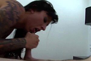 tattoed milf brunette like ami winehouse in heels and stockings riding big cock doggystyle with anal finger and ass to mouth.