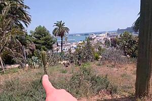 Tourist girl with big tits and wet pussy gives deepthroat blowjob in public park forest for photos exchange.