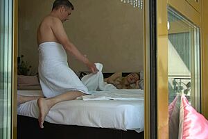 young blonde rides cowgirl to make her step dad happy with small tits bouncing