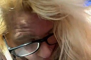 glasses hooker kneels sucks old man cum cash