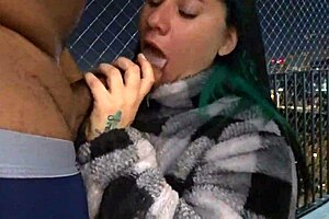 Friend's latina curves squirt as i fuck her fat ass hard balcony blowjob!