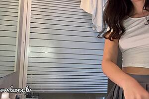 Wow, long-legged college girl Alicia flashes plaid miniskirt stockings in bathroom!