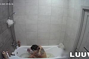 luuv tattooed emily flashes natural tits in bathroom video call