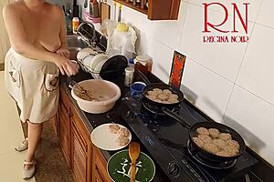 Nudist housewife regina noir cooks naked in kitchen... maid vibes!
