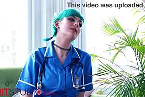 Blue haired nurse strokes and sucks your throbbing cock in clinic