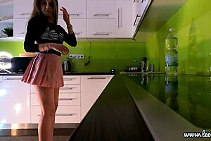 Super Hot Petite Blonde Wife Strips Panties In Kitchen Bored