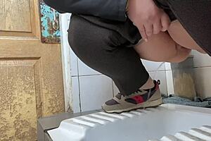 Chubby mature milf sneaks into hospital toilet to pee her wet hairy pussy