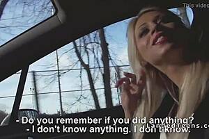 Blonde hitchhiker sucks cock deep in the car